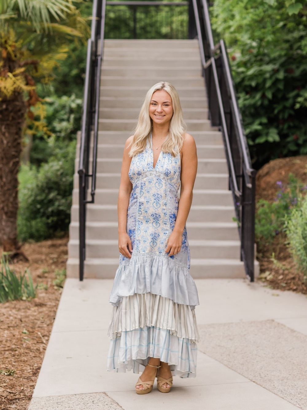 LoveShackFancy Light Blue Floral Tiered Halter Maxi Dress
